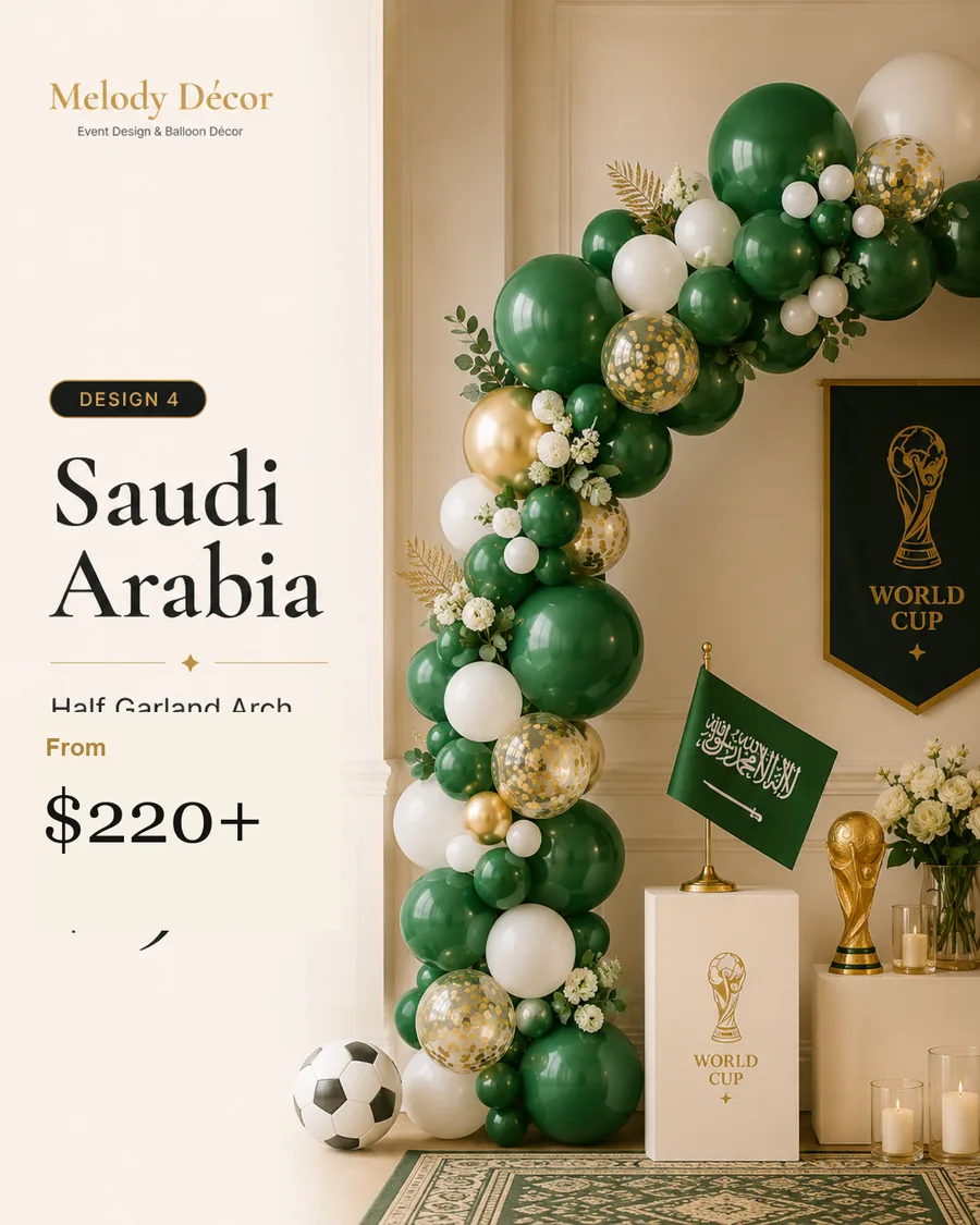 Saudi Arabia half garland arch World Cup d&eacute;cor by Melody D&eacute;cor Houston