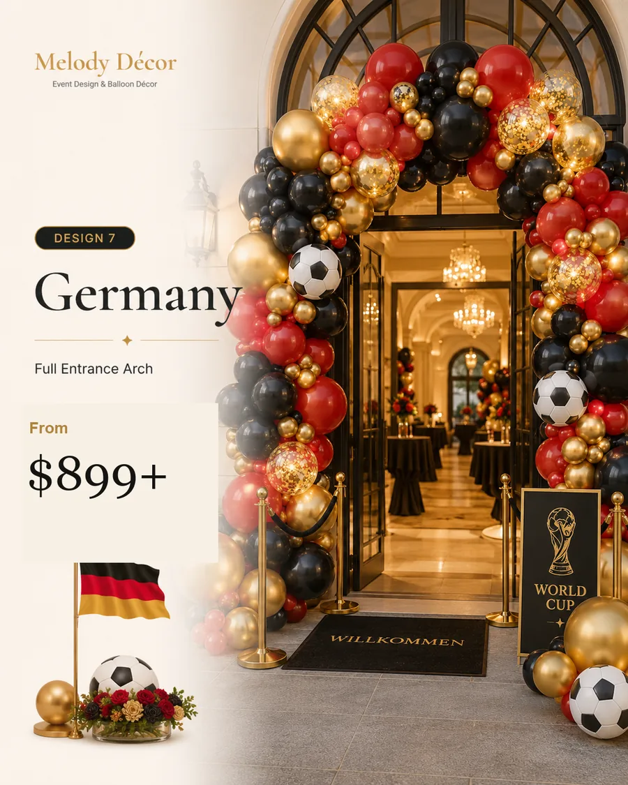 Germany full entrance arch World Cup balloon d&eacute;cor by Melody D&eacute;cor Houston