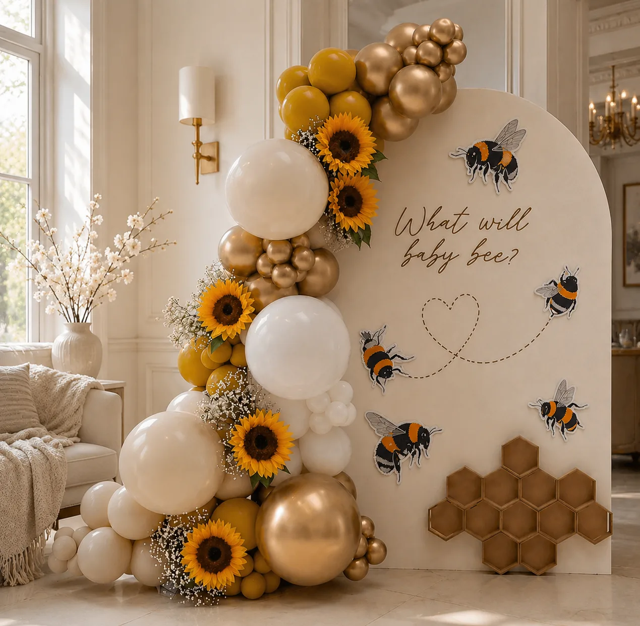 Neutral baby shower balloon backdrop