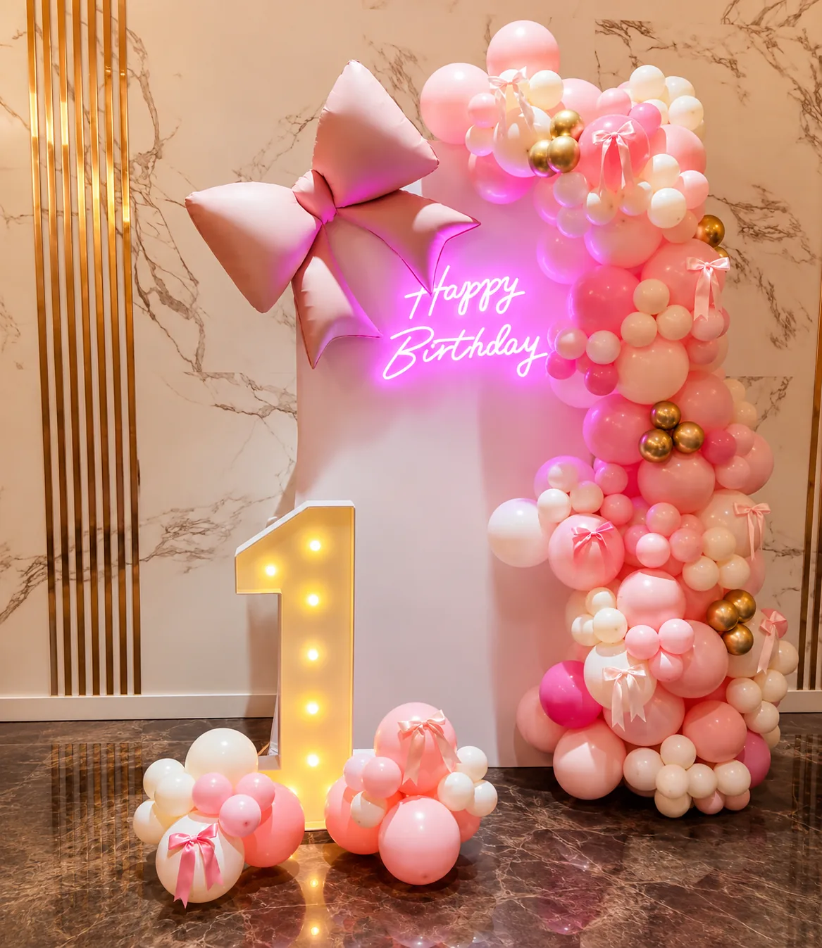 Pink and gold birthday balloon backdrop