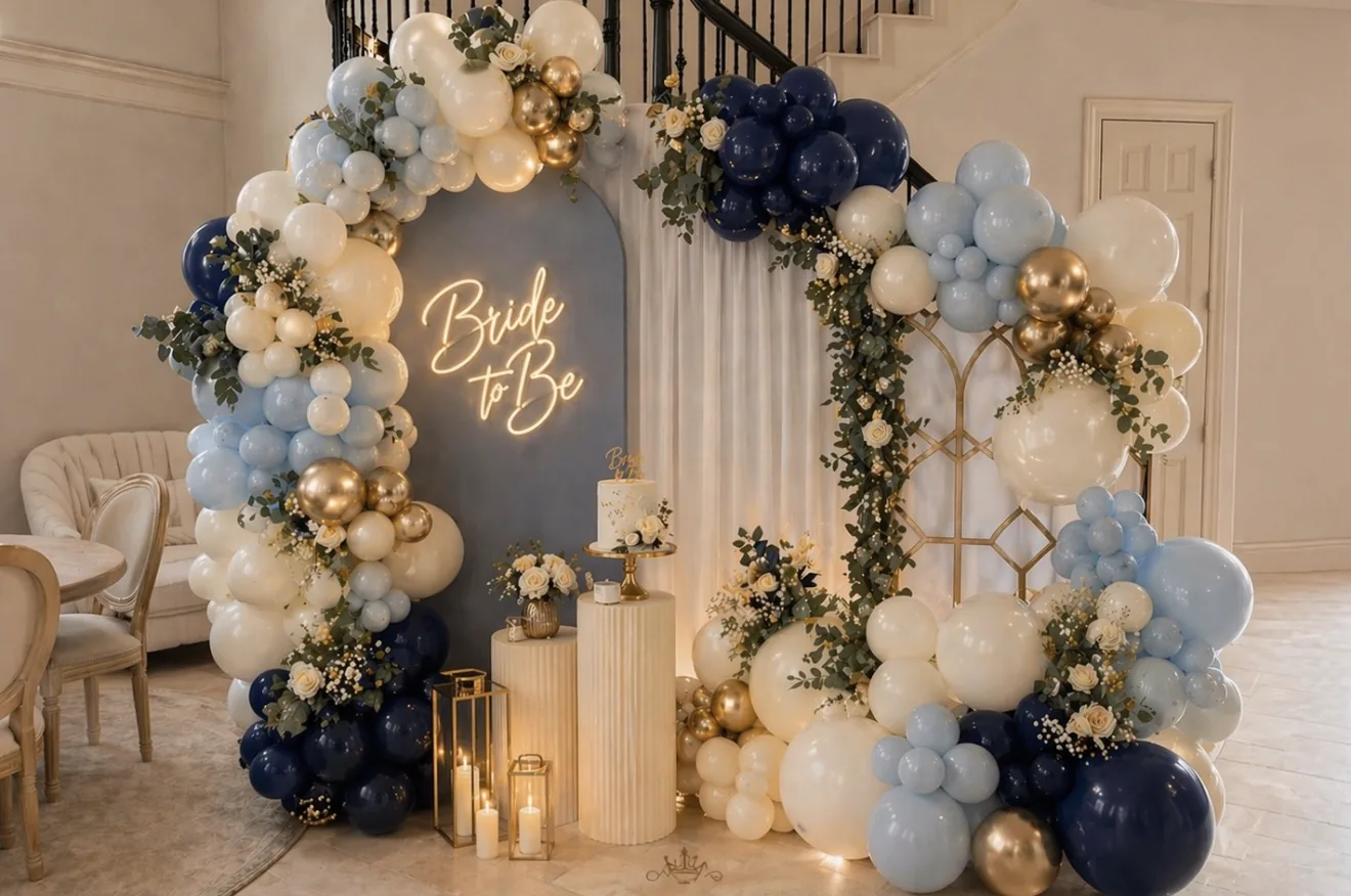 White and gold wedding or engagement balloon arch