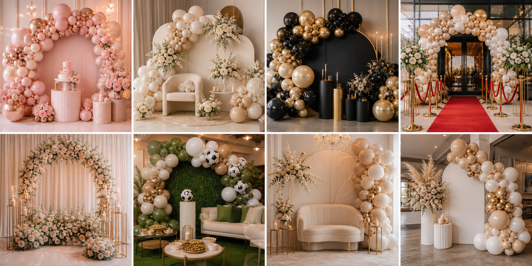 Houston balloon decoration examples with backdrops, garlands, and event styling