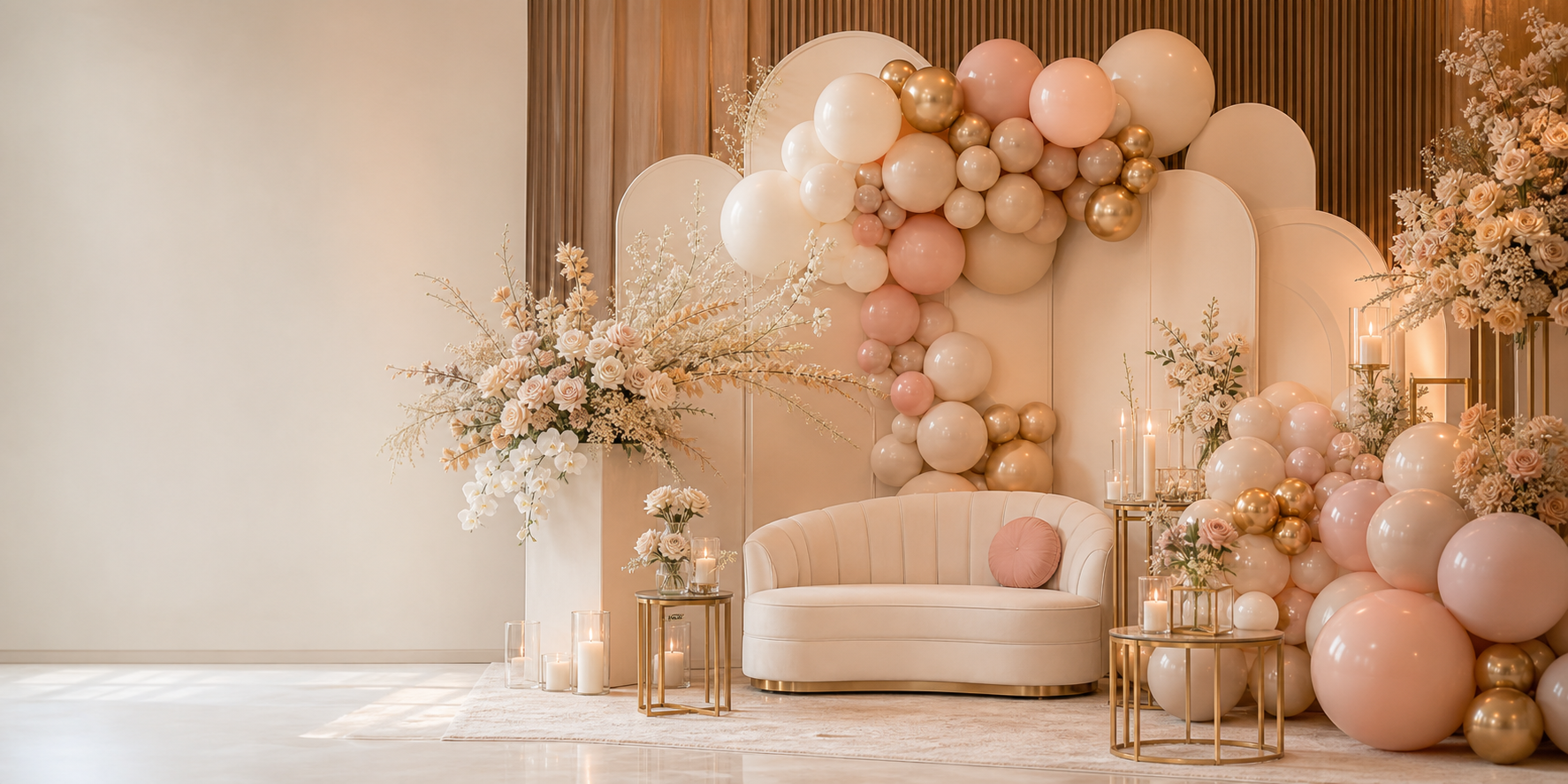 Luxury Houston event setup with ivory, champagne, blush, and soft gold balloon decor